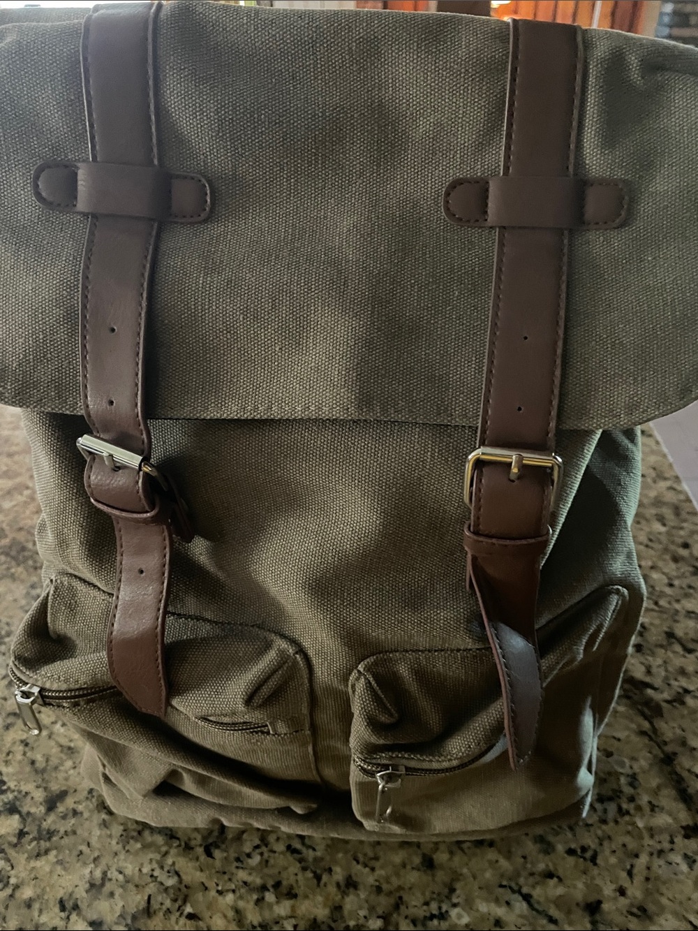 Classic Olive Canvas Backpack with Brown Leather Straps